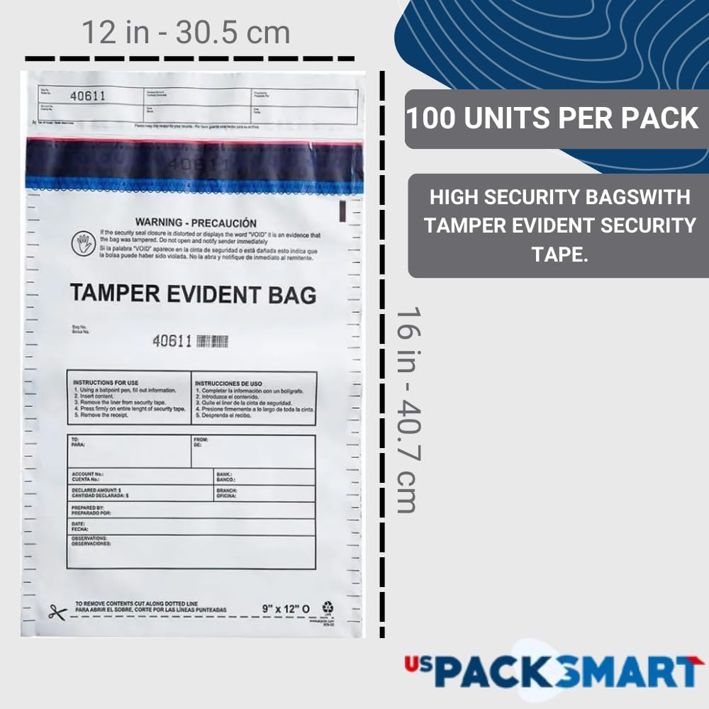 12”x16" Opaque Plastic Deposit Bags with Security Tape Tamper Evident - Secure Bank Deposits, Cash Handling, & Currency Transport | Self-Sealing Tape with Hidden Graphics | 100-Pack