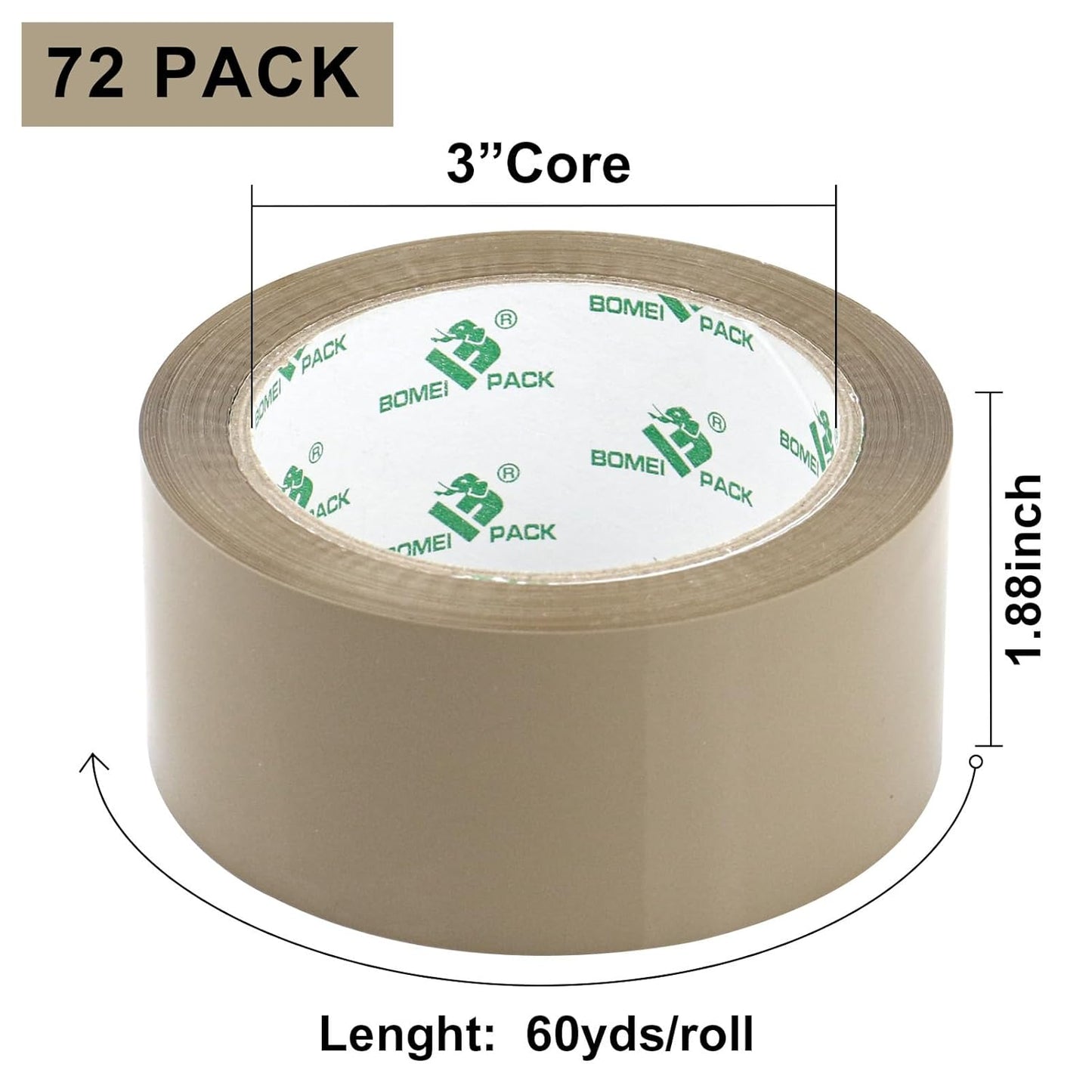 BOMEI PACK 72Rolls Brown Packing Tape with Dispenser, Bulk Box Packing Tape Rolls for Packaging, Shipping and Moving, 2.4Mil 1.88 Inch x 60 Yard
