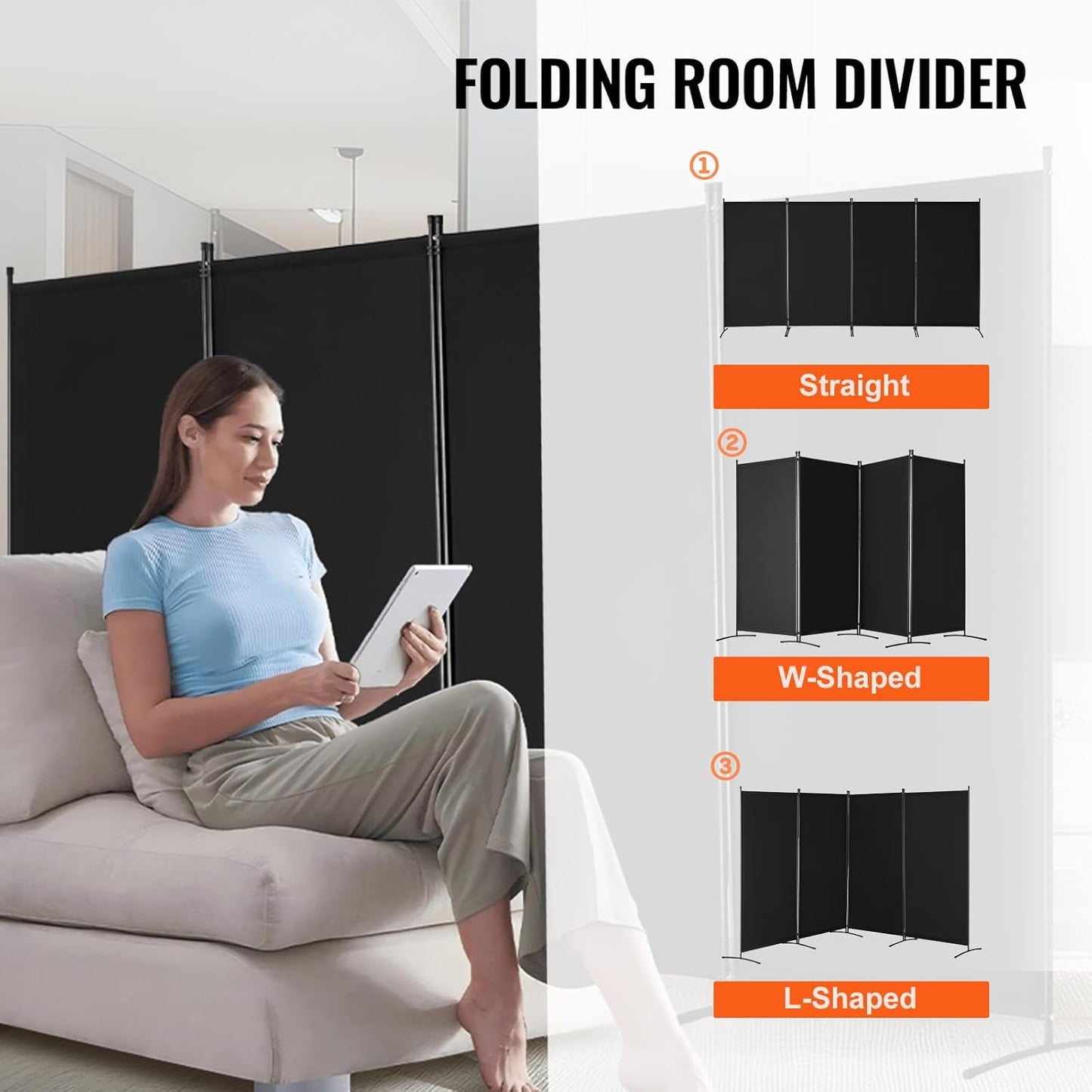 VEVOR Room Divider, 4 Panel Room Divider, Folding Privacy Screen and Portable Partition Divider for Room Separation, Freestanding Room Partitions for Office, Bedroom, Study, Black