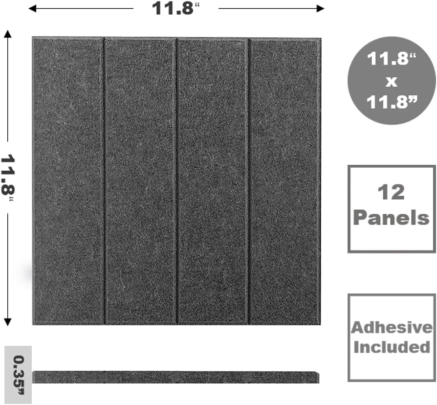 Large Cork Board Alternative - 12-Pack Felt Wall Tiles with Safe Removable Adhesive Tabs, Cork Wall Tiles Bulletin Board Home Office Essentials - Gray Black