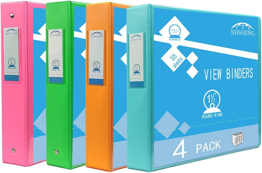 4 Pack 1.5 Inch 3 Ring Binder with Pockets - Extra Durable Round Ring Binders for 8.5" x 11" Paper, PVC-Free， School & Office Supplies, Assorted Colors