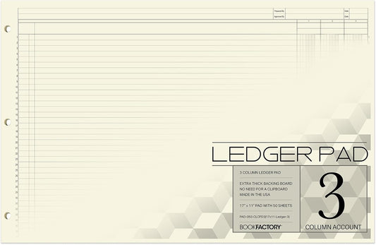 BookFactory Ledger Pad/Large 3 Column Accounting Ledger Columnar (Three Columns) Pads - 17'' x 11'', 50 Pages, Notepad Landscape Format (PAD-050-CLCPD3(17x11-Ledger-3))-AX)