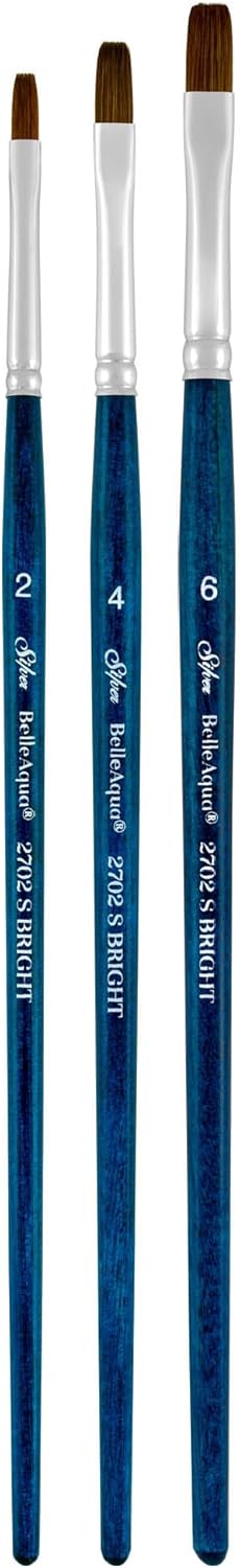 Silver Brush Limited BA-2754S BelleAqua Bright Brushes, 3pc Watercolor Brush Set Also for Acrylic, Gouache, Ink & Dye, Professional Soft Synthetic Red Sable Paintbrushes, Short Handle, Sizes 2, 4 & 6