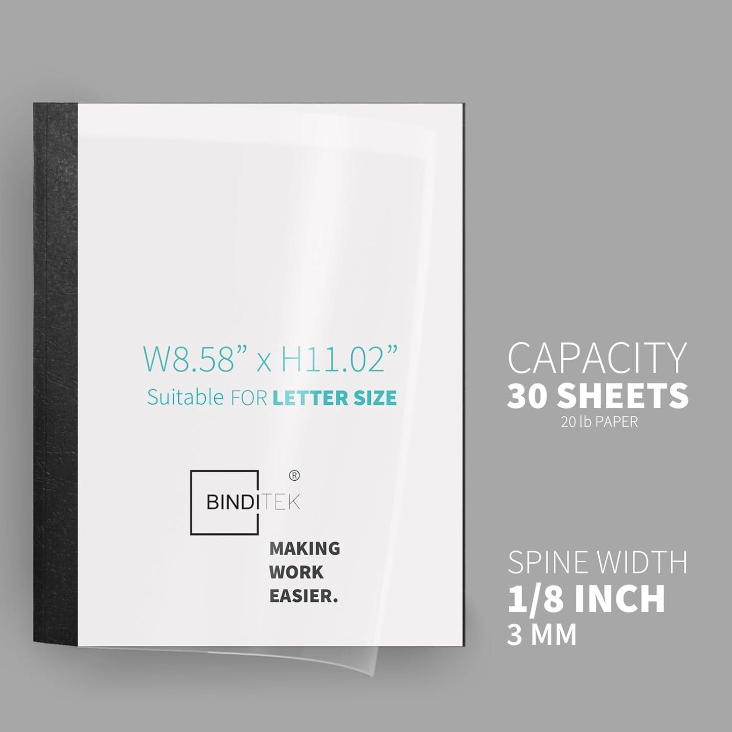Binditek 10 Pack Thermal Binding Presentation Covers, 1/8 Inch Spine, Holds 30 Sheets, Ultra Clear Front Cover, Black Paper Back Cover, Letter Size, for Students and Coworkers