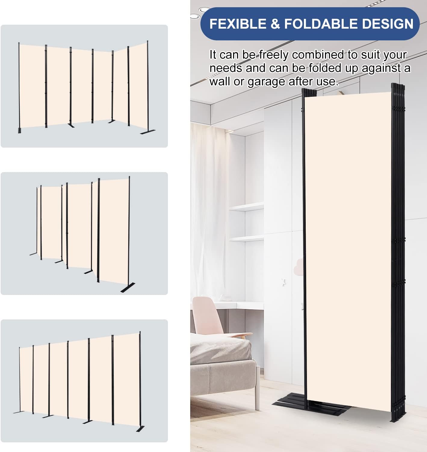 Room Divider and Folding Privacy Screens， 6 Panel Wide Room Divider Wall Screen for Room Separtition, Partition Room Dividers Fabric Panel Wall Dividers Freestanding for Office, Bedroom, Studio Dorm
