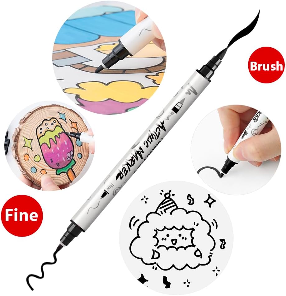 TRANSON 6 Black and 2 White Paint Markers Brush and Fine Dual-tip Acrylic Paint Marker for Rock Glass Canvas Wood Leather Ceramic DIY Painting