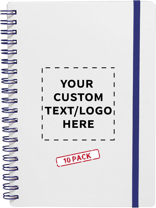 10 White Spiral Notebooks with Elastic Band Pack - Customizable Text, Logo - 80 lined pages, Recycled - Blue