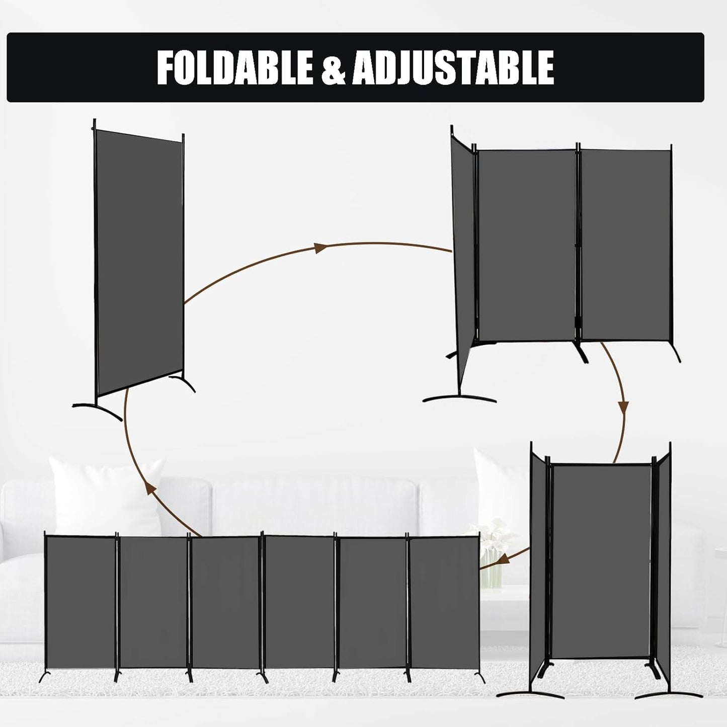Room Divider-6 Panels Grey Folding Privacy Screens, 6 ft Partition Room Dividers Wall for Separation, Home, Office, Classroom, Studio