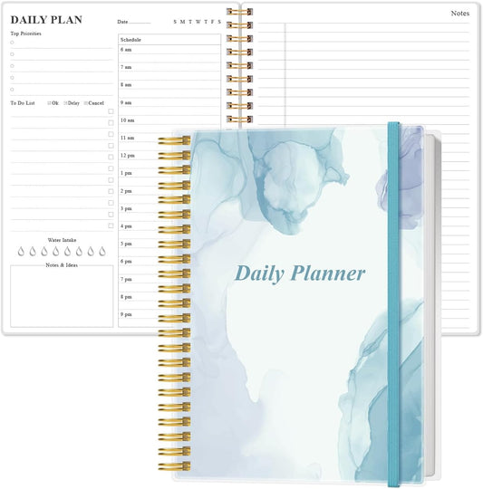 Daily Planner Undated - B5 To Do List Notebook Hourly Schedules, Spiral Appointment Planner for Women and Men, PVC Hardcover, Inner Pocket, Elastic Closure, 7" x 10", Blue Watercolor