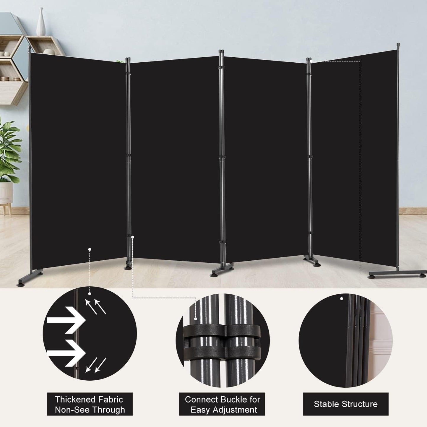 Room Divider 6FT Folding Privacy Screens, Partition Room Dividers w/Freestanding Design, Portable Wall Divider for Room Separtation, Fabric Screen Panel for Home Office Dorm (Black, 4 Panel-Round Pad)
