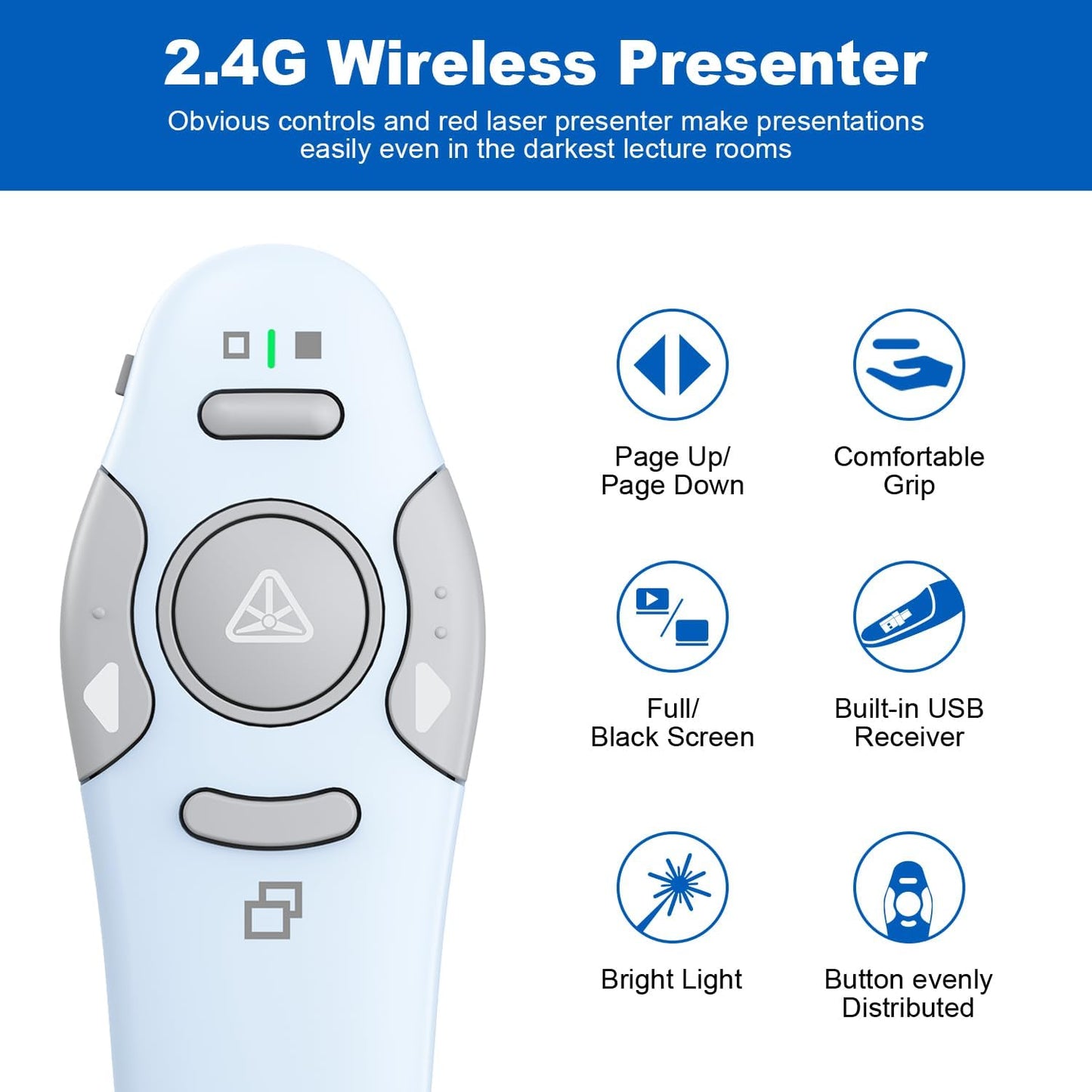QUI Presentation Clicker Wireless Presenter Remote Clicker for PowerPoint Presentation Remote, PowerPoint Slide Advancer for Mac/Windows/Linux, Google Slide/PPT/Keynote, USB, Blue