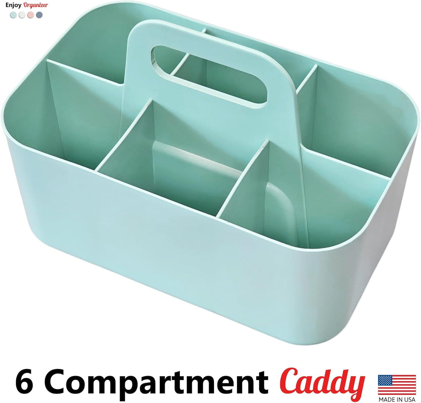2 Pack Small 6 Compartment Multiuse Caddy Organizer with Handle Art Craft Supplies, Office, Desk, Stationery Pen Holder Stackable- Made In USA (Mint/Ivory)