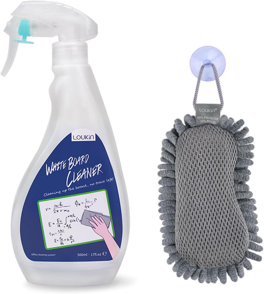 loukin Non-Toxic Whiteboard Cleaner, 17 fl oz Dry Erase Board Cleaner, Low-Odor Whiteboard Cleaning Spray with Microfiber Shag Eraser, Removes Stubborn Marks from Whiteboards, Chalkboard