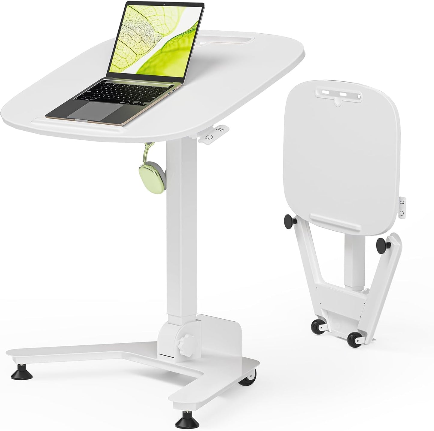 Foldable Pneumatic Height Adjustable Mobile Standing Desk with 90° Tiltable Tabletop, 27.2x18.9 Inch Portable Laptop Desk with Wheels, Holds Up to 66.1lbs for Home Office, Study, White