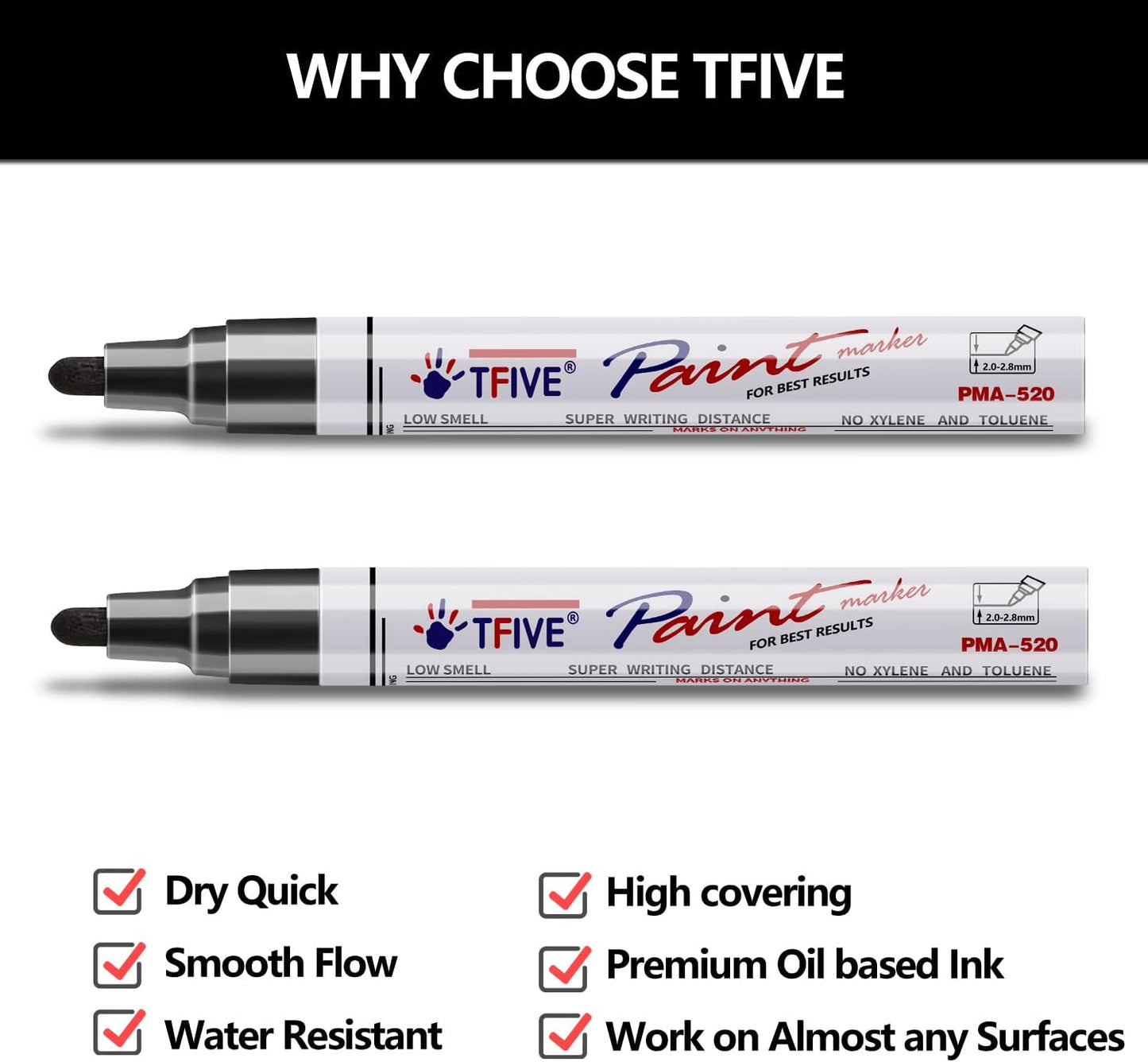 TFIVE Black Permanent Paint Marker Pens - 2 Count Oil Based Marker Pen, Medium Tip, Waterproof & Quick Dry, for Office, Art projects, Rock Painting, Ceramic, Glass, Wood, Plastic, Metal, Canvas
