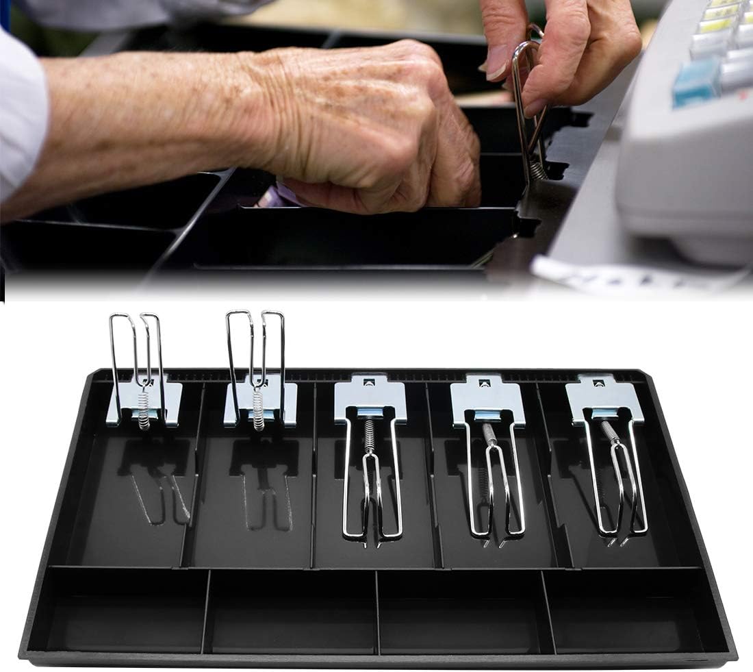 Cash Register Drawer Insert Tray 5 Bill/4 Coin Compartments with Metal Clip for Money Storage, Black