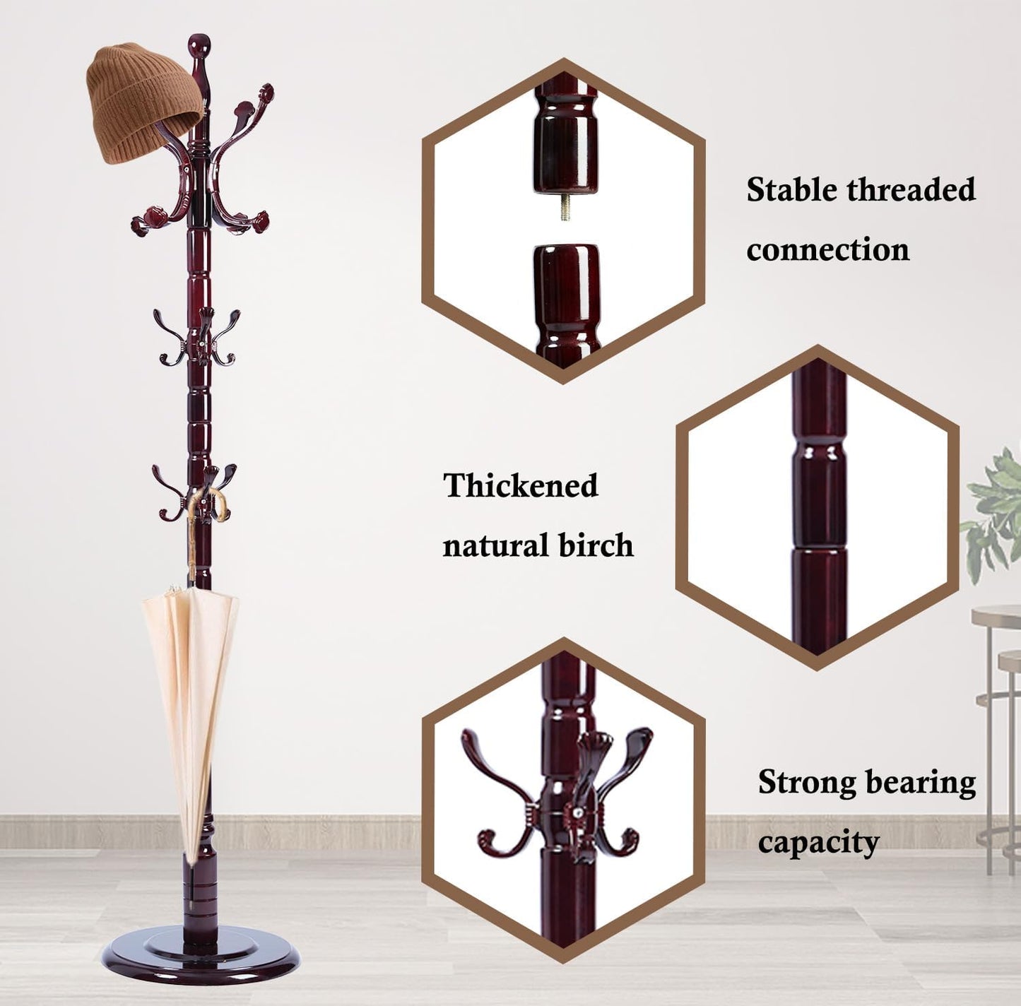 Coat Rack Stand, Solid Wooden Coat Tree with 14 Hooks, Heavy Duty Coat Rack Freestanding with Sturdy Round Base, Natural Birch Wood Coat Hanger Stand for Entryway Bedroom (Ruyi)