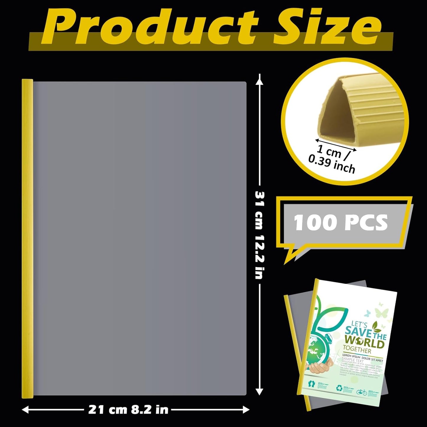 Thenshop 100 Pcs Clear Report Covers with Sliding Bars Sliding Bar File Folder Binder Plastic Report Folder for File Paper Book Resume Letter Office, 30 Sheet Capacity(Yellow)