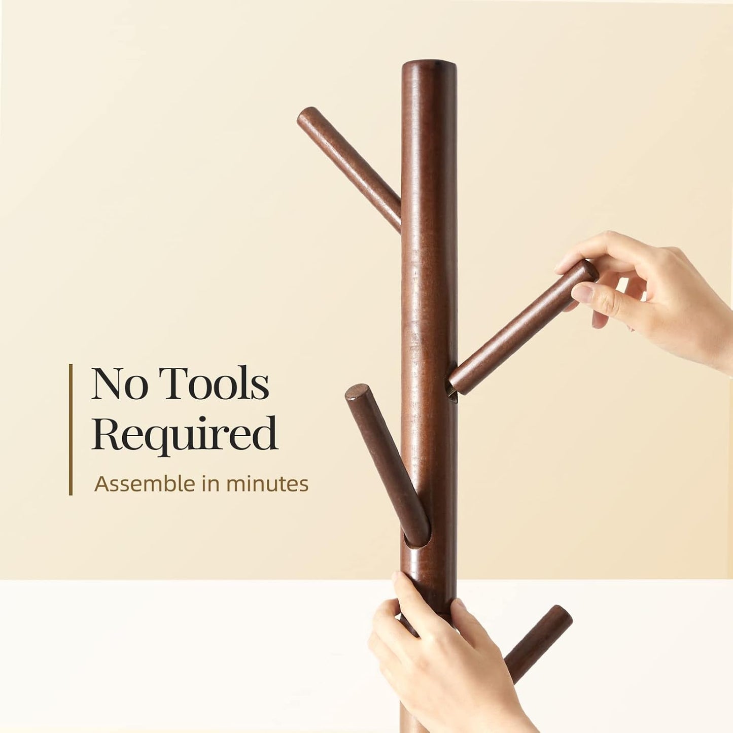 Pipishell Sturdy Wooden Coat Tree with 8 Hooks, 3 Adjustable Sizes for Clothes, Hat Stand Used in Bedroom/Office/Entryway, Brown