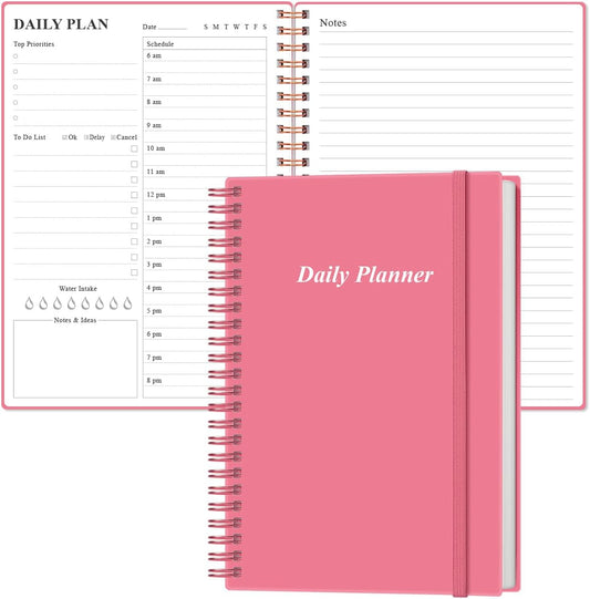 Daily Planner Undated - A5 To Do List Notebook Hourly Schedules, Spiral Appointment Planner for Women and Men, PVC Hardcover, Inner Pocket, Elastic Closure, 5.8" x 8.3", Pink