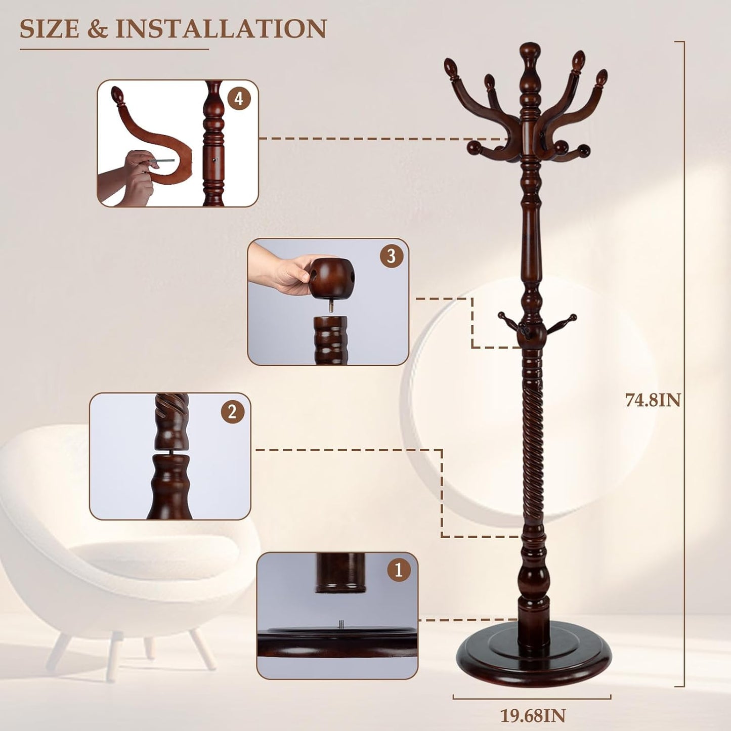 Wood Coat Rack Freestanding, Natural Coats Tree Stand with 14 Hooks, 73" Sturdy and Easy Assembly Coat Rack Stand for Entryway, Hallway, Bedroom, Bags, Hats (Heavy-duty Disc Base, Walnut Color)
