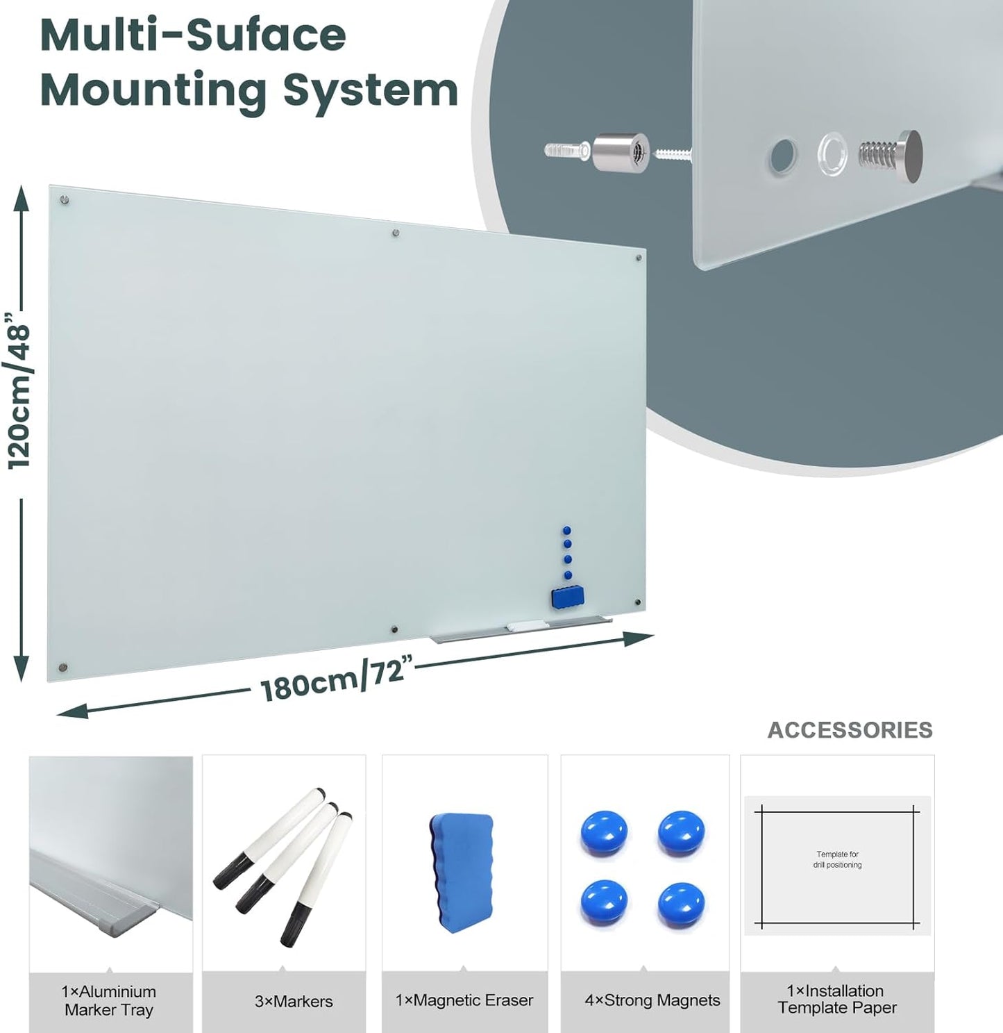 Magnetic Frosted Glass Whiteboard 48"x72" Glass Dry Erase Board 48"x72" Wall Mounted Frameless White Glassboard for Office School Home Shop