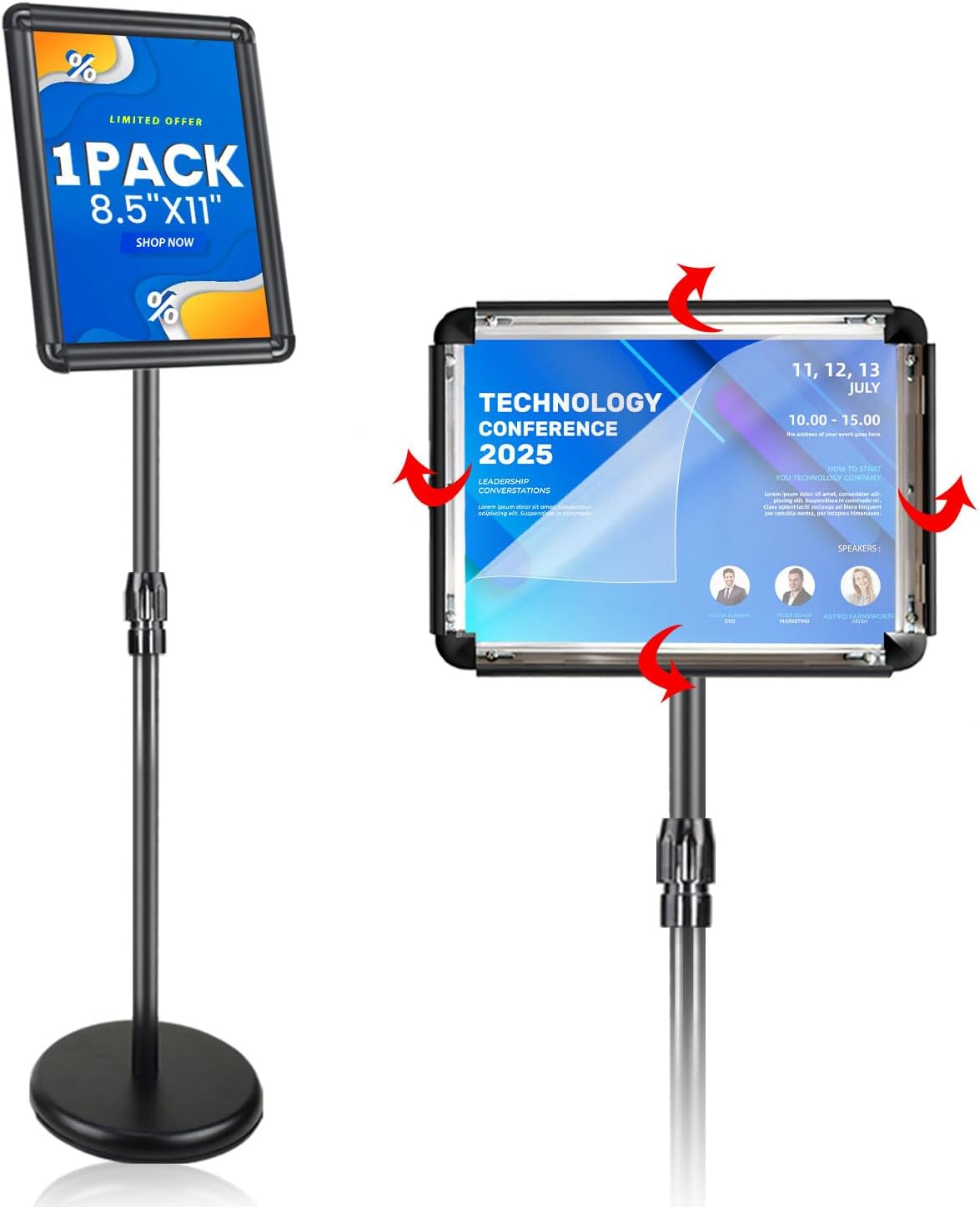 Adjustable Sign Holder Stand for Display, Pedestal Floor Poster Stand Sign Holder 8.5x11 inch, Snap Frame for Vertical and Horizontal View, Standing Sign Holder for Business Mall, Black