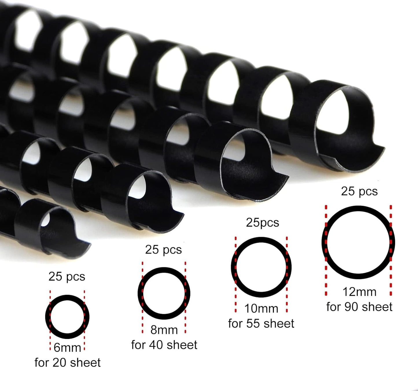 CR21-12141618BK Binding Combs Plastic 21 Ring 25-145 Sheet Capacity, Max Binding A4 Size Paper, 1/2in. 9/16in, 5/8in, 11/16in Black Multi-Size Pack of 80