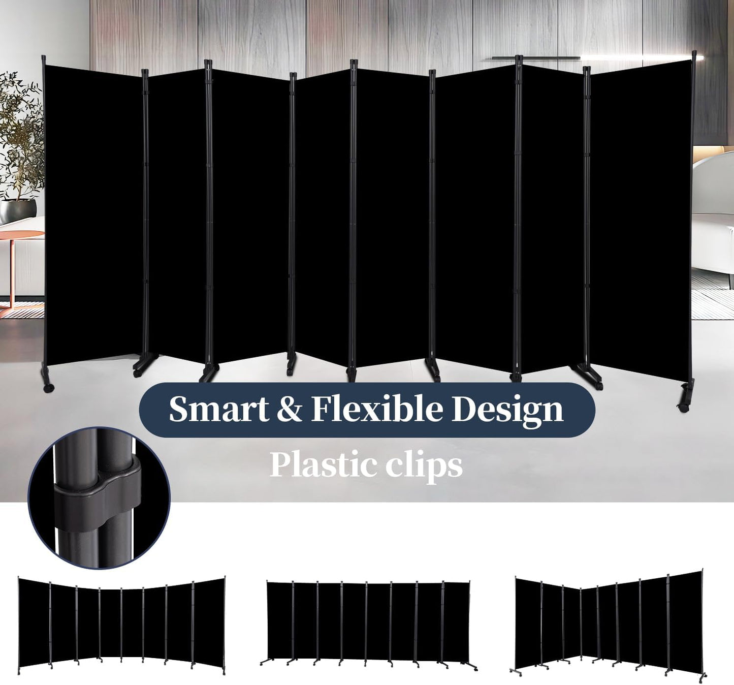 Room Divider Folding Privacy Screens with Lockable Wheels, 176'' Fabric Partition Room Dividers Freestanding Room Divider Panel for Room Separation, Wall Divider for Home Office Bedroom Studio Decor