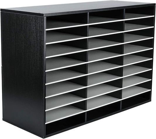 EasyPAG Mail Organizer Countertop, Wood Literature Organizer with Adjustable Shelves, Student Classroom Mailbox for School, Desktop Paper Sorter for Office Home, 27 Compartments, Black/White