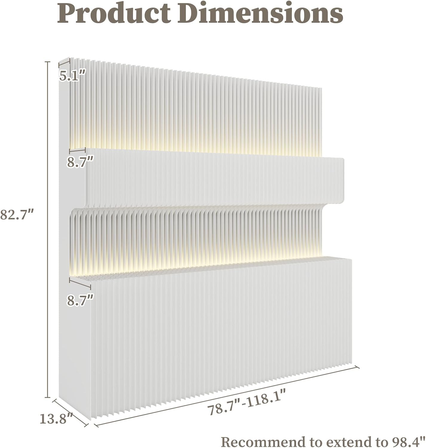 6.9FT Paper Room Divider with LED Light, Folding Privacy Screens with Storage Shelf,Portable Partition Wall for Exhibitions, Salons,Home Office Entrances,Retail Displays-L98.4’’*W13.8’’ *H82.6’’