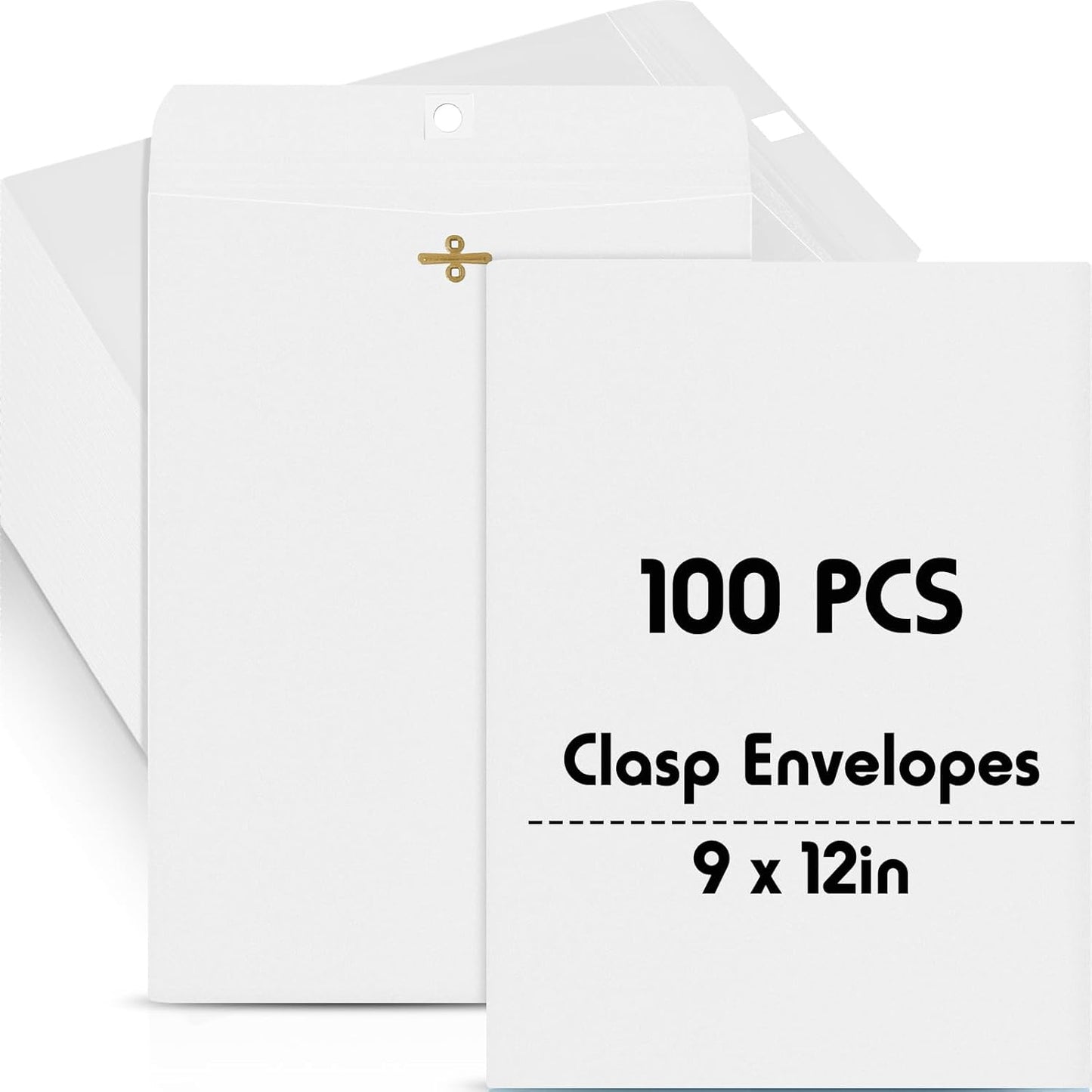 Geyee 100 Pcs Clasp Manilla Envelopes 9 x 12 Inch Gummed Colored Envelopes for Storing or Mailing for Home Office Business Supplies(White)