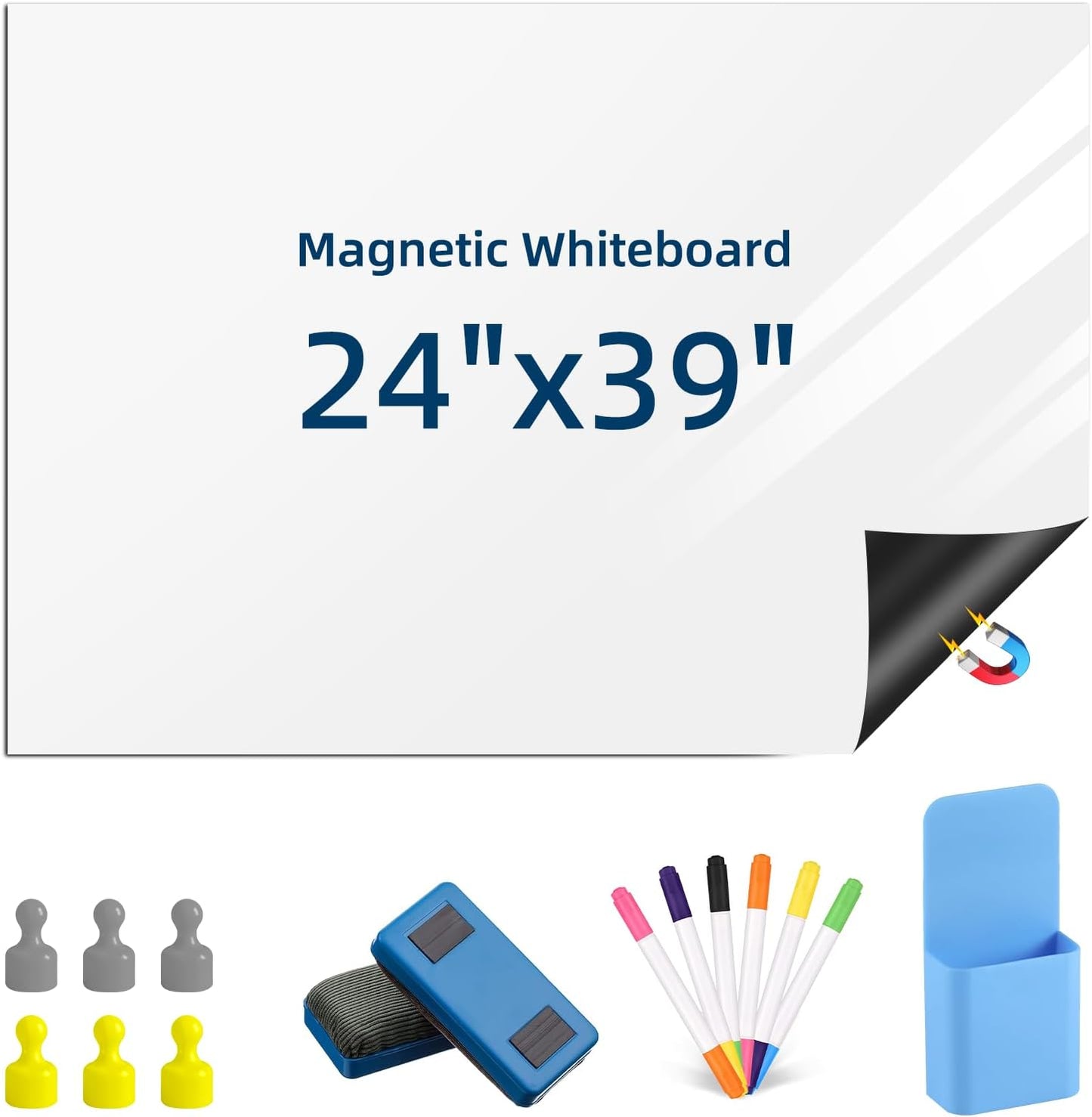 Magnetic Dry Erase Whiteboard for Refrigerators, 24" x 39" White Board on Wall for Organizer and Planner, Kitchen Fridge Shopping List with Marker, Magnetic Eraser and Magnets