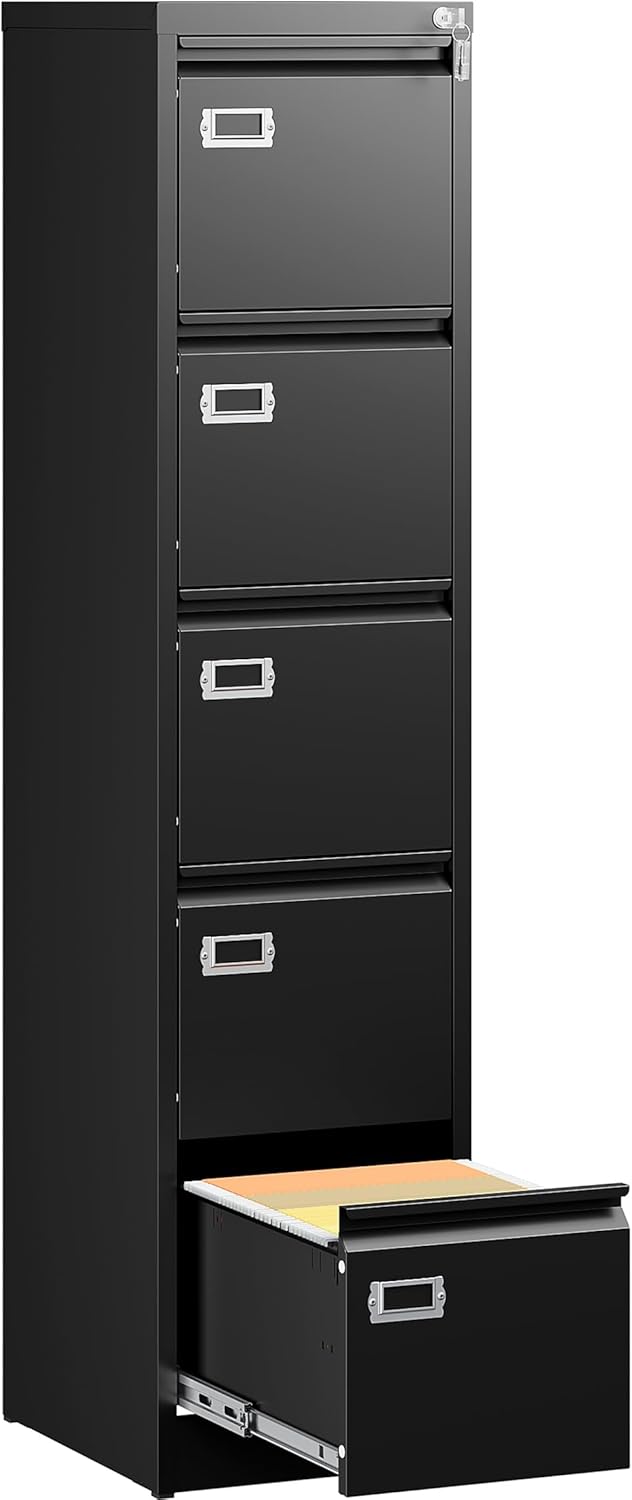 SISESOL 5 Drawer File Cabinet with Lock,15" Narrow Vertical File Cabinet Five drawer,Tall Office Filing Cabinets,Black Metal Filing Cabinets for Home Office,Fit A4,Legal,Letter Size,-Assembly Required