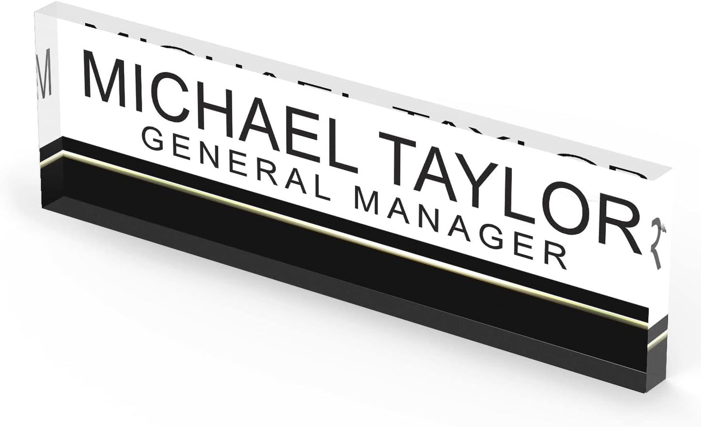 Artblox Personalized Office Desk Name Plate and Business Card Holder | Clear Acrylic Glass with Teak Wood Stand | Black Stripe Design Customized with Your Name and Credentials Office Desk Decor