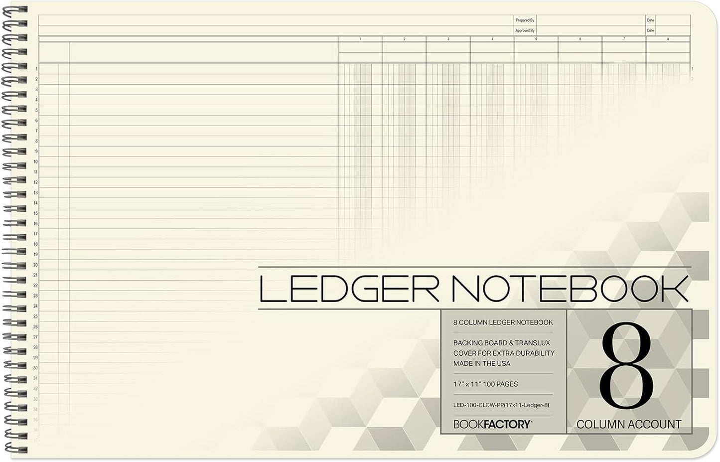BookFactory Accounting Ledger Notebook/Large 8 Column Accounting Ledger Columnar (Eight Columns) Log Book - 17'' x 11'', 100 Pages, Wire-O Landscape Format (LED-100-CLCW-PP(17x11-Ledger-8)-AX)