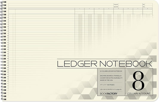 BookFactory Accounting Ledger Notebook/Large 8 Column Accounting Ledger Columnar (Eight Columns) Log Book - 17'' x 11'', 100 Pages, Wire-O Landscape Format (LED-100-CLCW-PP(17x11-Ledger-8)-AX)