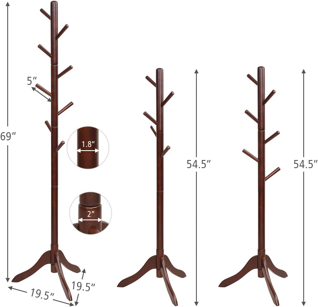 Tangkula Wooden Tree Coat Rack Freestanding, Entryway Coat Stand with 8 Hooks, Height Adjustable Coat Tree, Rubber Wood Coat Hanger Stand for Home Office Hall Entryway