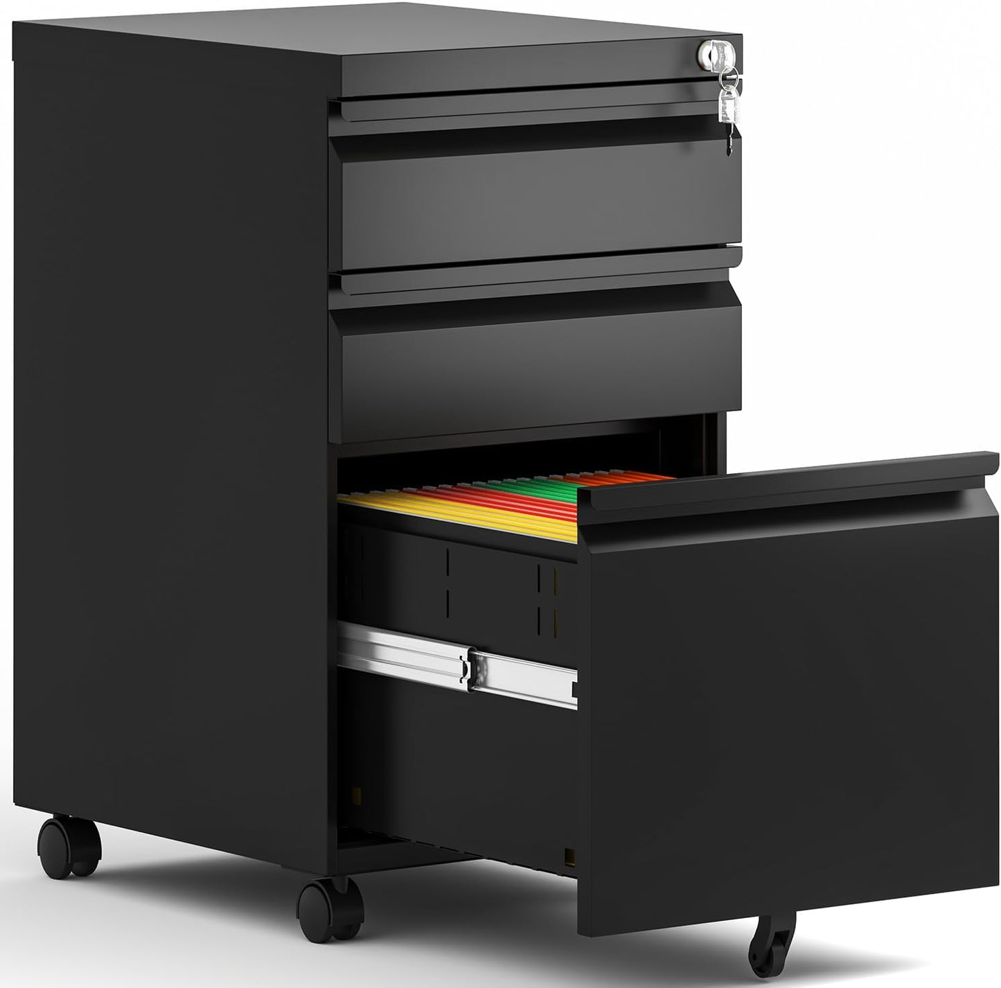 3 Drawer Mobile File Cabinet, Metal Under Desk Filing Cabinet with Lock and Wheels, Home Office Rolling File Cabinet for Legal/Letter Hanging File Folders, Fully Assembled (Black)