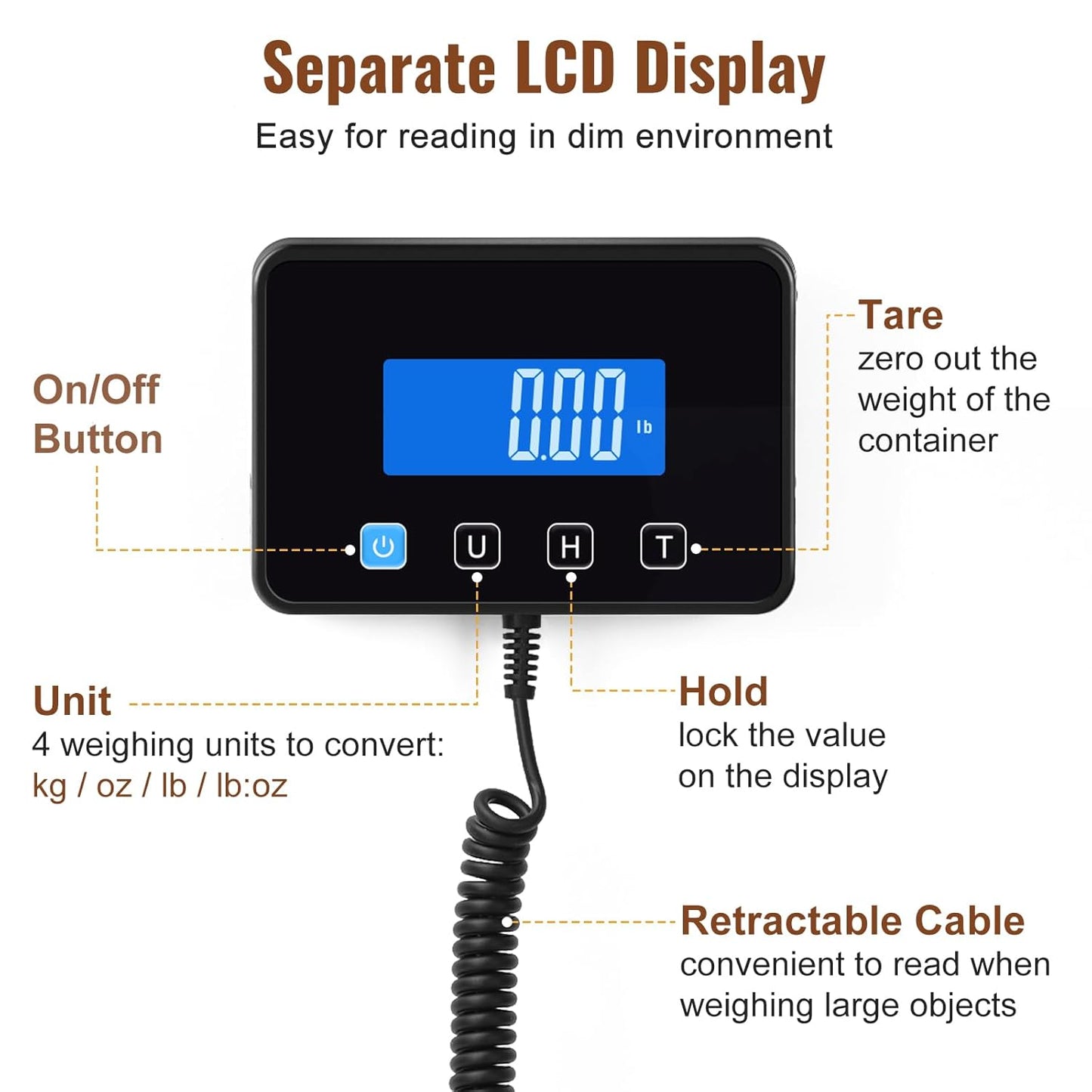 Miseyo 660lbs Heavy Duty Digital Shipping Scale - 0.7oz High Accurate Stainless Steel Postal Scale for Packages, Luggage, Small Business, Warehouse, Battery & Charging Cable Included