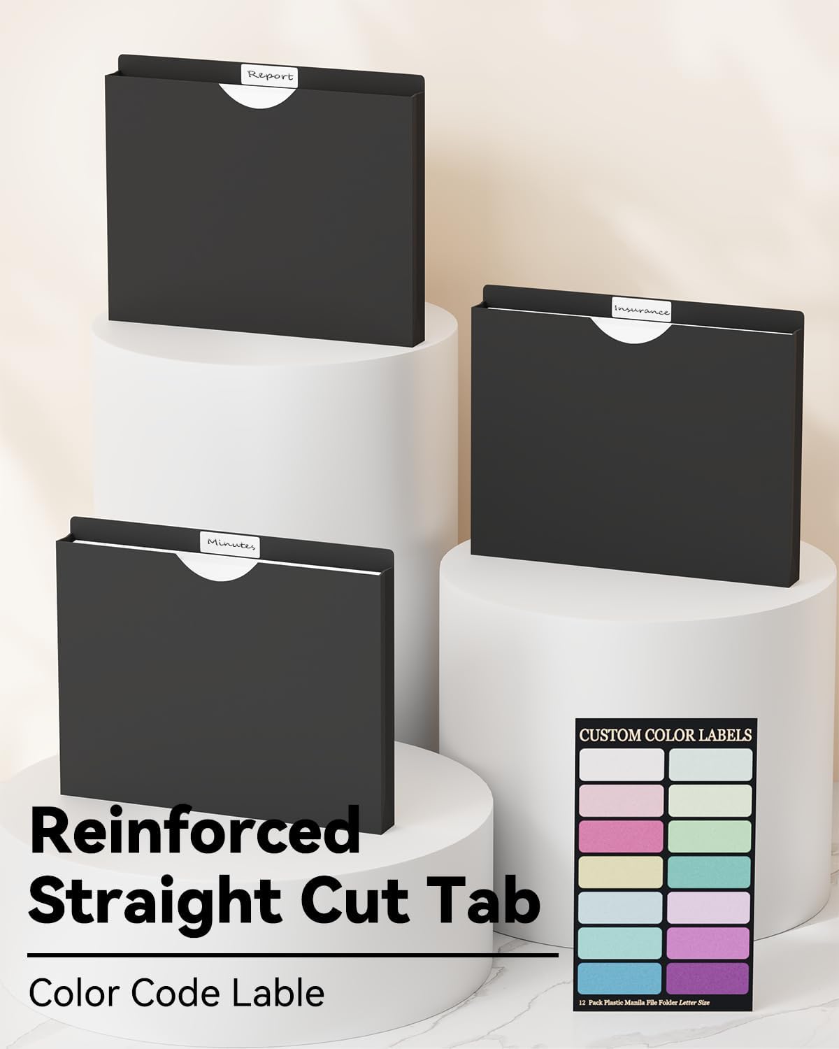 ANSOOK 1 Inch Plastic File Jackets, Manila File Folders Letter Size, Heavy Duty Expanding File Folders, Expansion Pocket, Reinforced Straight Cut Tab, 12 Pack, Black Folders for Office School Home