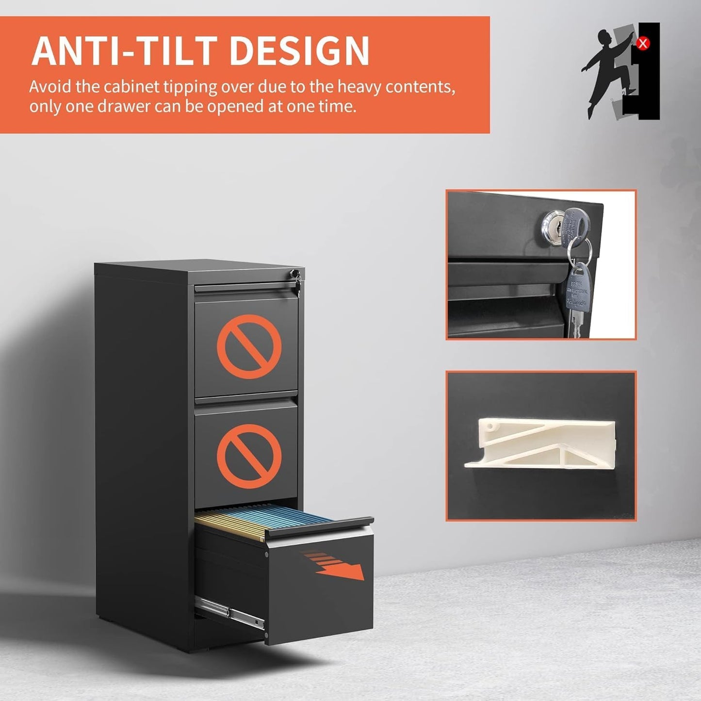 3 Drawer File Cabinet with Lock, Metal Vertical Filing Cabinets for Home Office, Steel Storage Cabinet for Hanging Legal/Letter Size Files, Assembly Required (Black)