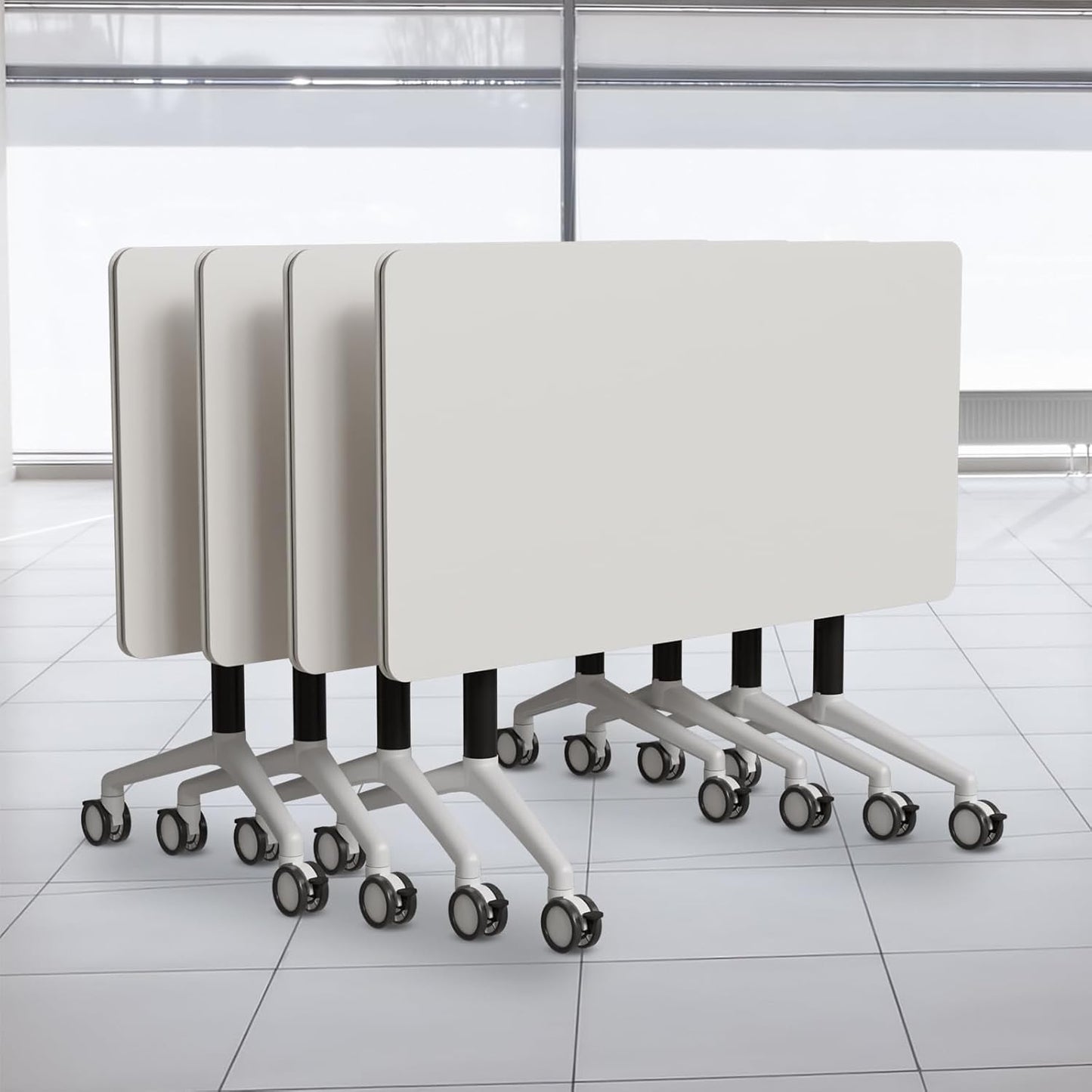 Folding Conference Table, Modern Conference Room Tables with Flip-Top Design, Foldable Conference Table Meeting Table with Wheels, Mobile Seminar Training Tables for Office Classroom (4, White 2)