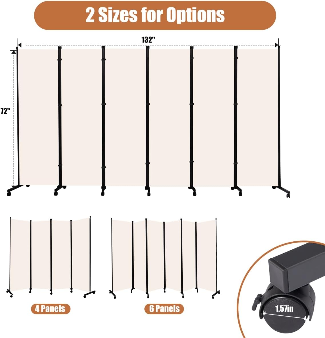 Room Divider Portable 132'' Partition Room Dividers and Folding Privacy Screens 6 Panel Wall Divider for Room Separation, Freestanding Fabric Room Divider Panel with Wheels for Home Office Hospital