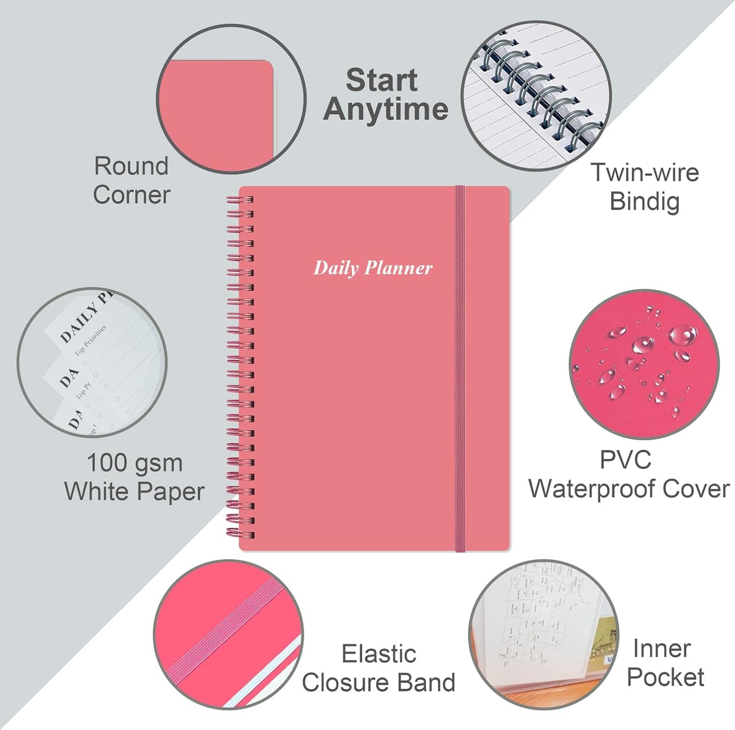 Daily Planner Undated - A5 To Do List Notebook Hourly Schedules, Spiral Appointment Planner for Women and Men, PVC Hardcover, Inner Pocket, Elastic Closure, 5.8" x 8.3", Pink