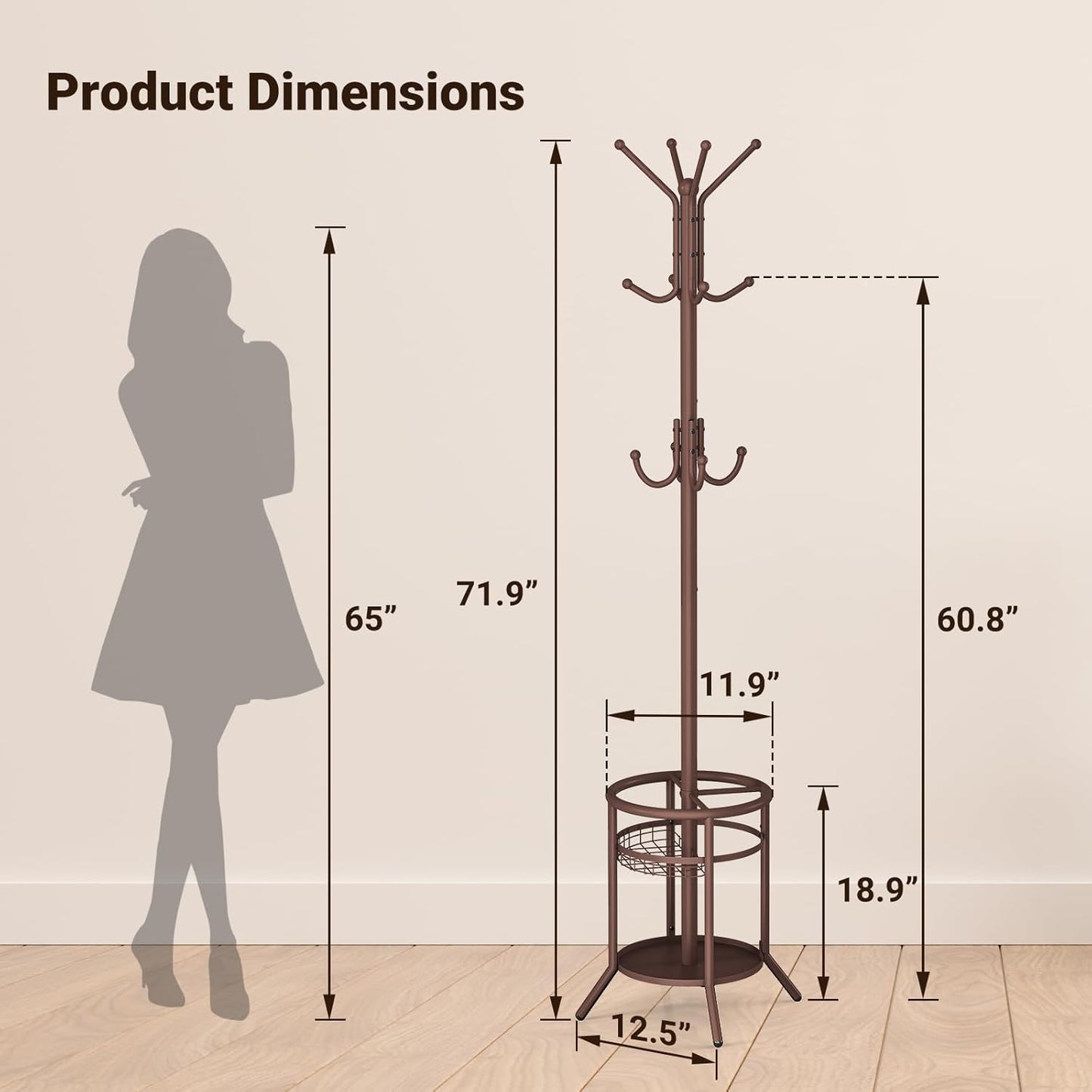 ELYKEN Coat Rack Freestanding, Metal Coat Rack Stand with Umbrella Holder, Modern Coat Tree with 12 Hooks, Floor Standing Corner Hall Tree for Entryway Living Room Bedroom Office, Brown