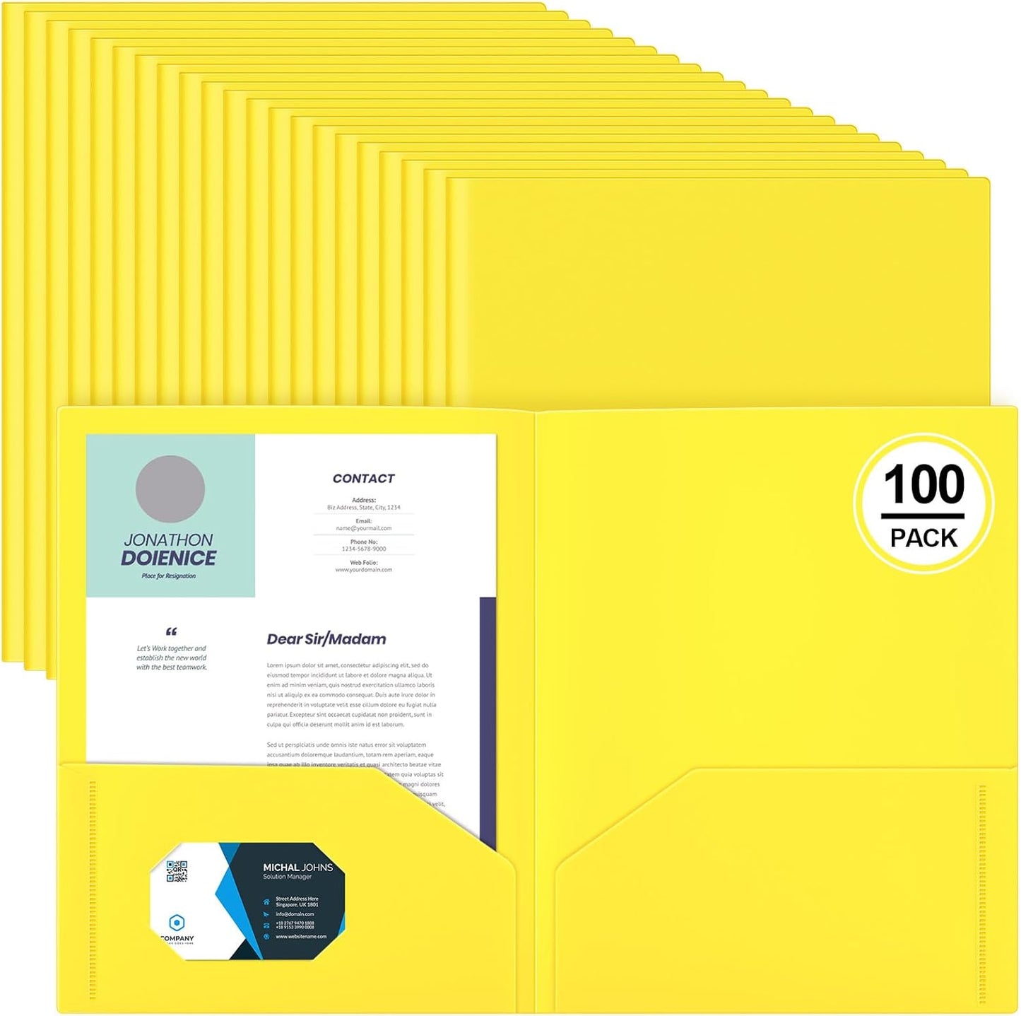 Gueevin 100 Pcs Two Pocket Folders Bulk Plastic File Folder with 2 Pockets Letter Size Paper Heavy Duty Durable Portfolios Case for Home Office School Business 11.61 x 9.45 Inch (Yellow)