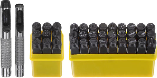 HARFINGTON 36pcs Metal Stamping Kit 5/16" (8mm) (A-Z, 0-8, "&" Symbol) Steel Letter Punch Press Tool with Hole Punch to Stamp on Metal, Plastic, Wood, Leather, Black