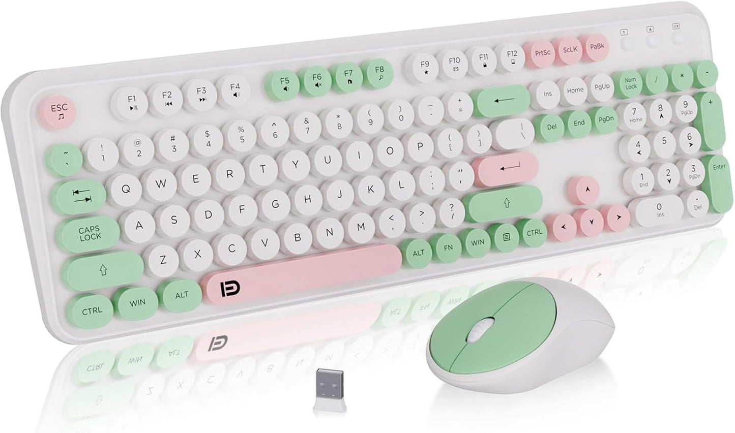 FD 2.4GHz Wireless Keyboard and Mouse Set with Switch Button - Full-Size Keyboard - Compatible for Windows/Laptop/PC/Notebook/Smart TV and More - Milky White Green Colorful