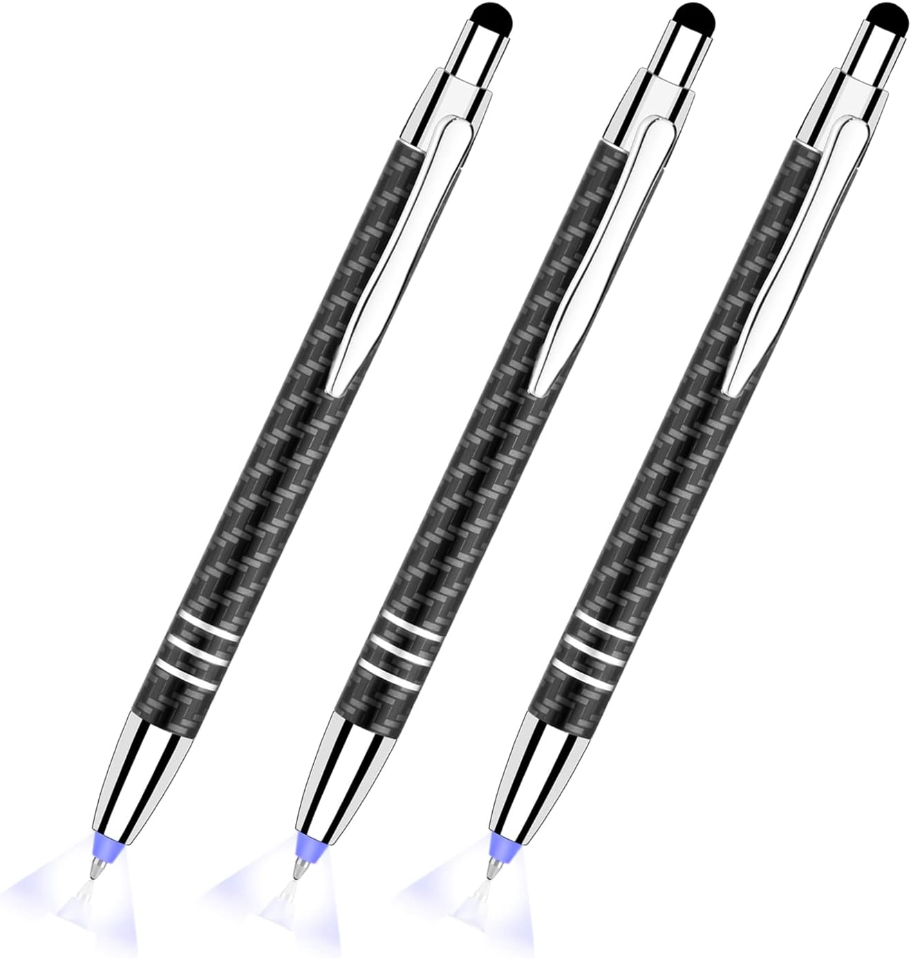 Glovion Lighted Tip Pen With Stylus 3-in-1 - LED Penlight Ballpoint Pen for Writing in the Dark - Pack of 3 - Blue Light - GL006